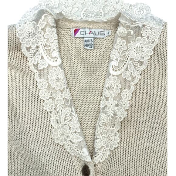Chaus Vintage Ivory Cream Cardigan Sweater with Embroidered Floral Collar-Small - Picture 7 of 10